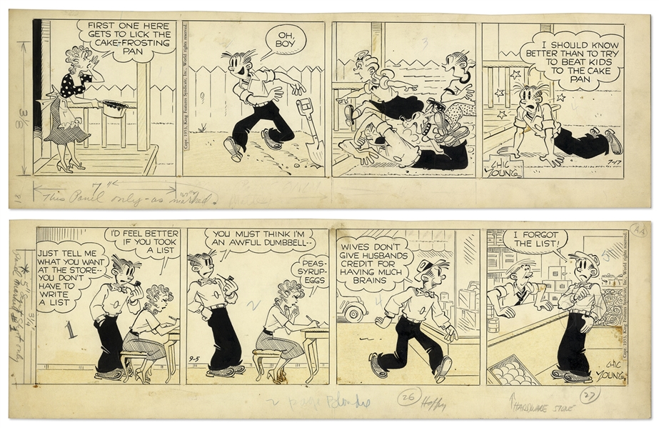 2 Chic Young Hand-Drawn ''Blondie'' Comic Strips From 1953 Tilted ''Also Ran!'' and ''A Little Matter of Grey Matter''