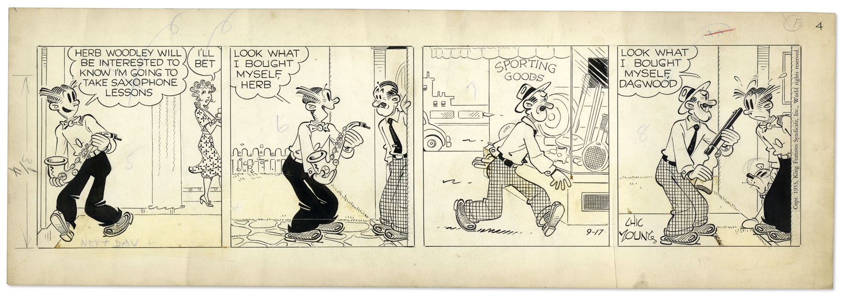 2 Chic Young Hand-Drawn ''Blondie'' Comic Strips From 1953 Tilted ''Lookeloo, Dagwood!'' and ''And Find His!''