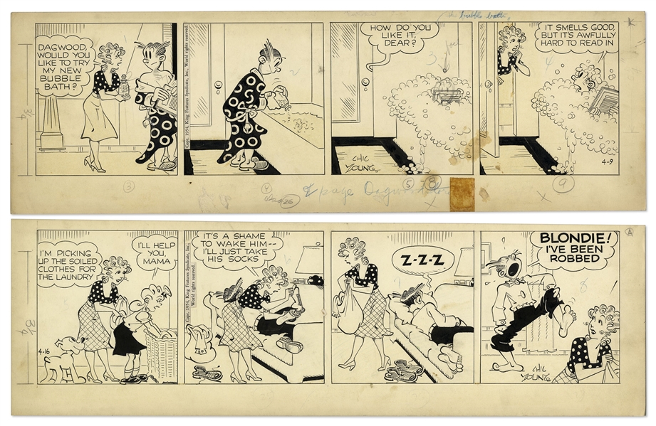 2 Chic Young Hand-Drawn ''Blondie'' Comic Strips From 1954 Tilted ''Not Bubbling With Enthusiasm'' and ''Barefoot Boy''
