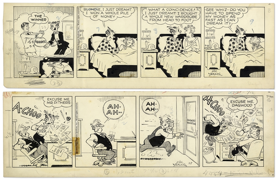 2 Chic Young Hand-Drawn ''Blondie'' Comic Strips From 1956 & 1957