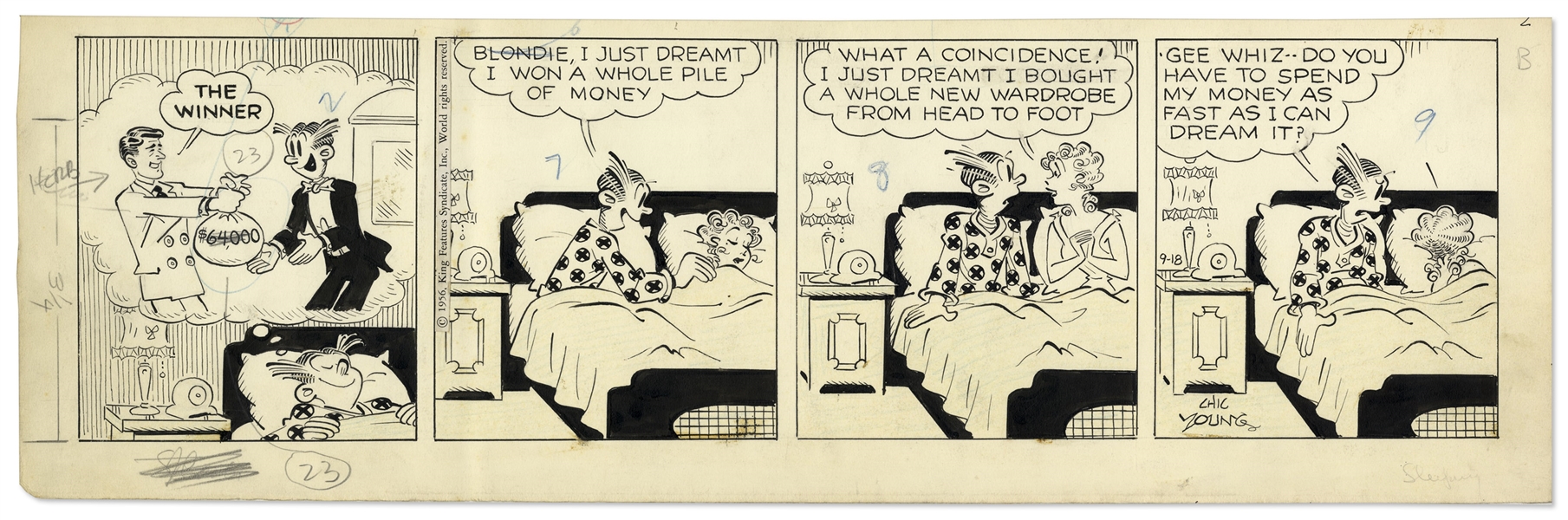 2 Chic Young Hand-Drawn ''Blondie'' Comic Strips From 1956 & 1957
