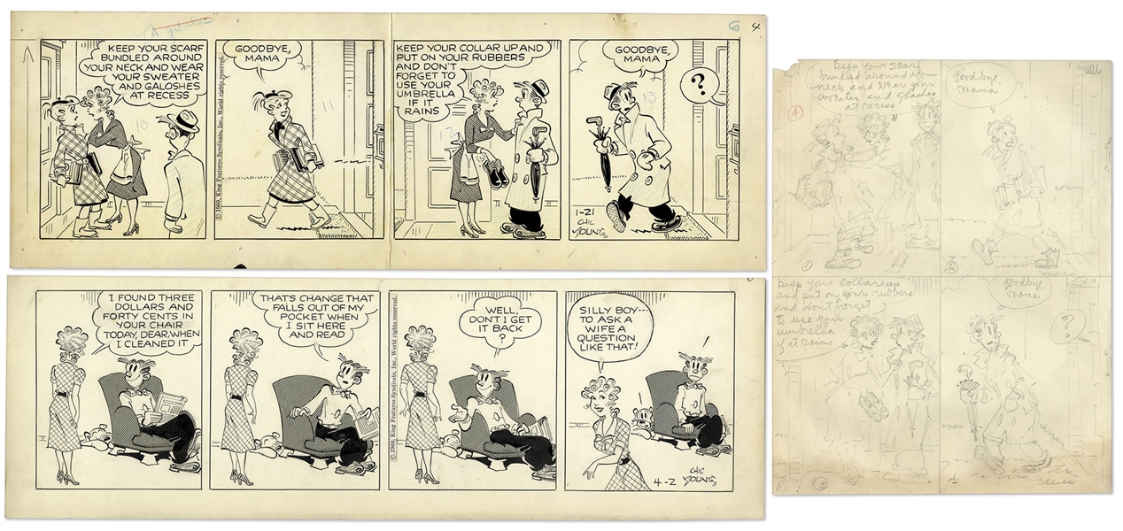 2 Chic Young Hand-Drawn ''Blondie'' Comic Strips From 1960 -- With Chic Young's Original Artwork For One