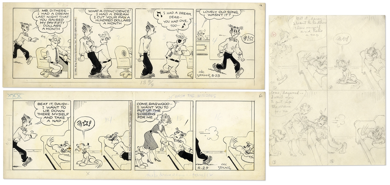 2 Chic Young Hand-Drawn ''Blondie'' Comic Strips From 1960 & 1961 -- With Chic Young's Original Artwork for One