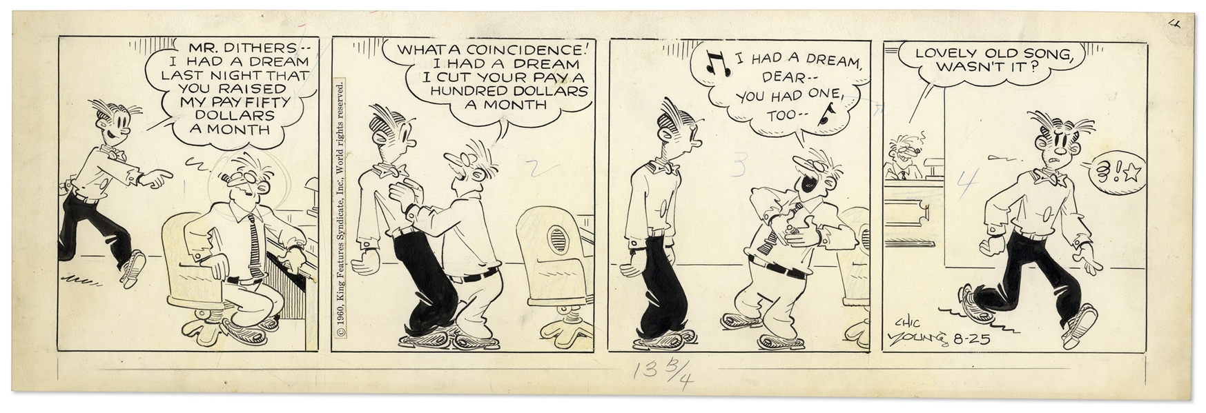 2 Chic Young Hand-Drawn ''Blondie'' Comic Strips From 1960 & 1961 -- With Chic Young's Original Artwork for One