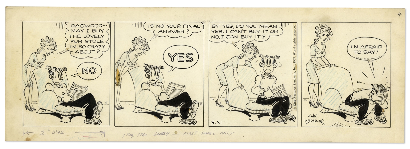 2 Chic Young Hand-Drawn ''Blondie'' Comic Strips From 1963 -- With Chic Young's Original Artwork for One