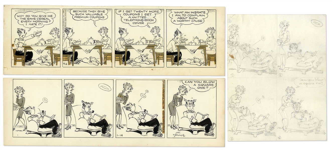 2 Chic Young Hand-Drawn ''Blondie'' Comic Strips From 1963 & 1964 -- With Chic Young's Original Artwork for One