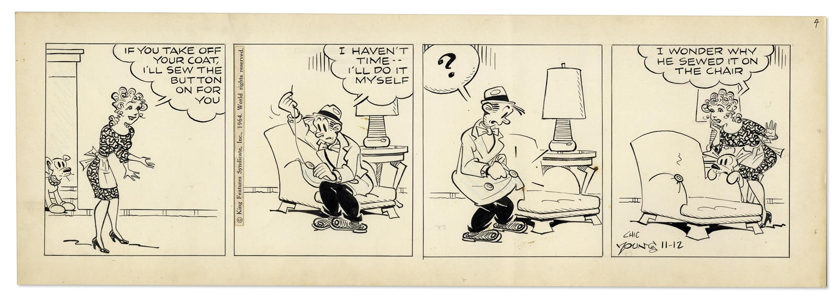 2 Chic Young Hand-Drawn ''Blondie'' Comic Strips From 1964 & 1965 -- With Chic Young's Original Artwork for Both