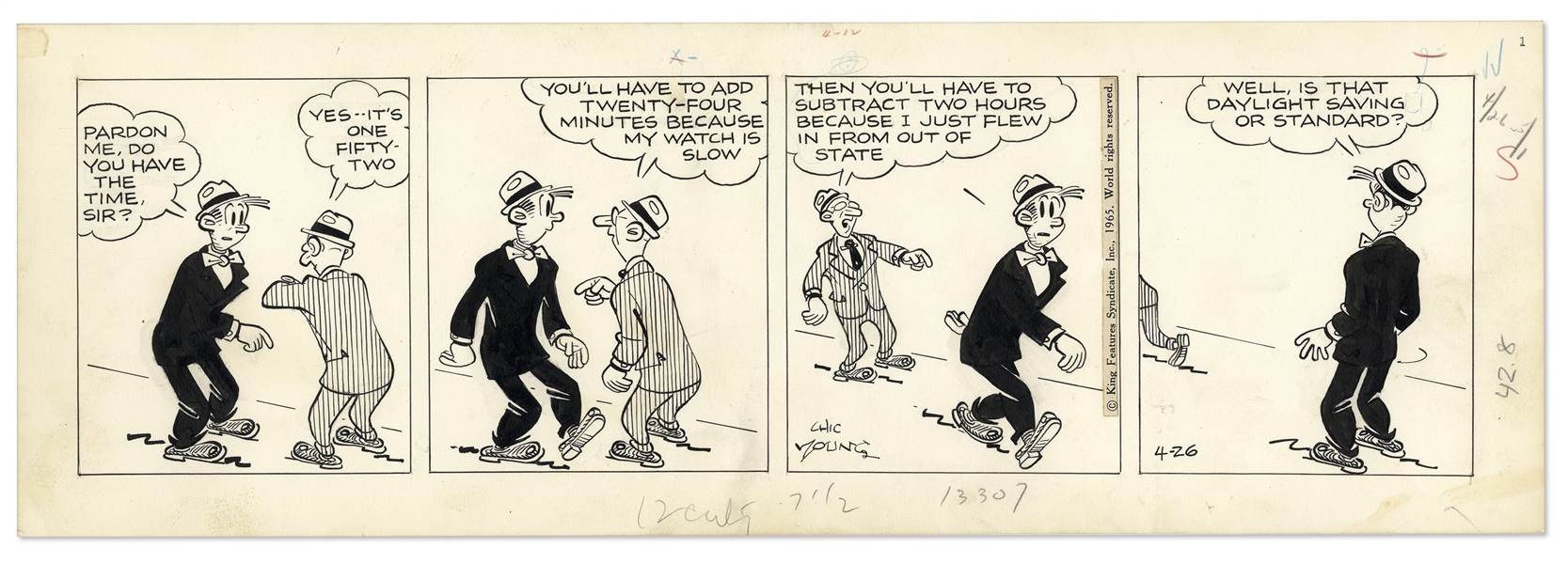 2 Chic Young Hand-Drawn ''Blondie'' Comic Strips From 1964 & 1965 -- With Chic Young's Original Artwork for Both