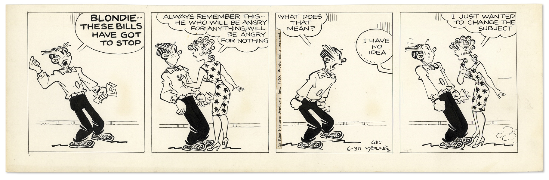 2 Chic Young Hand-Drawn ''Blondie'' Comic Strips From 1965 -- With Chic Young's Original Artwork for Both