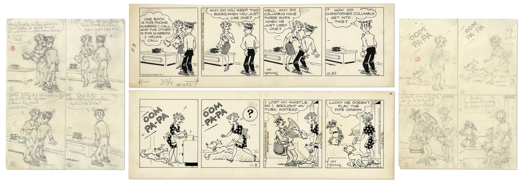 2 Chic Young Hand-Drawn ''Blondie'' Comic Strips From 1967 -- With Chic Young's Original Artwork for Both