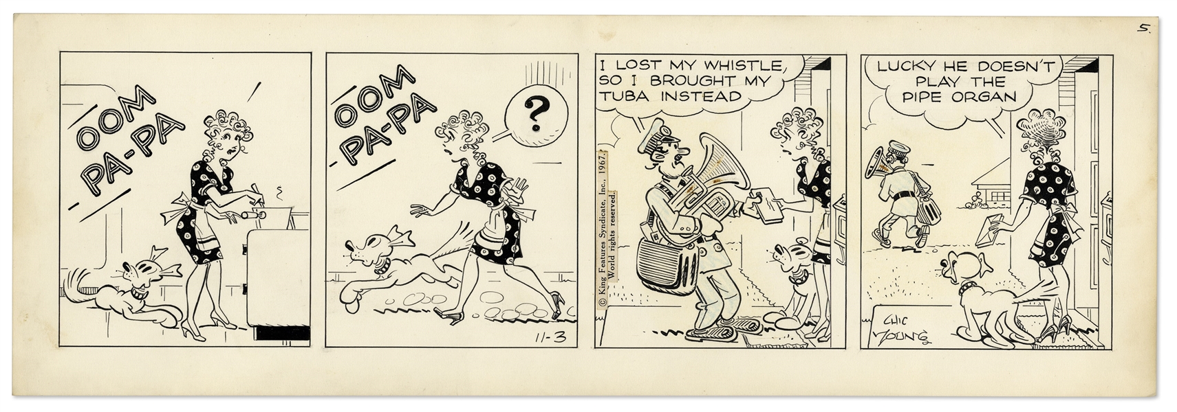 2 Chic Young Hand-Drawn ''Blondie'' Comic Strips From 1967 -- With Chic Young's Original Artwork for Both