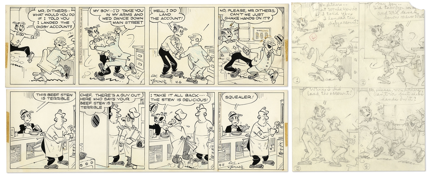 2 Chic Young Hand-Drawn ''Blondie'' Comic Strips From 1968 -- With Chic Young's Original Artwork for One