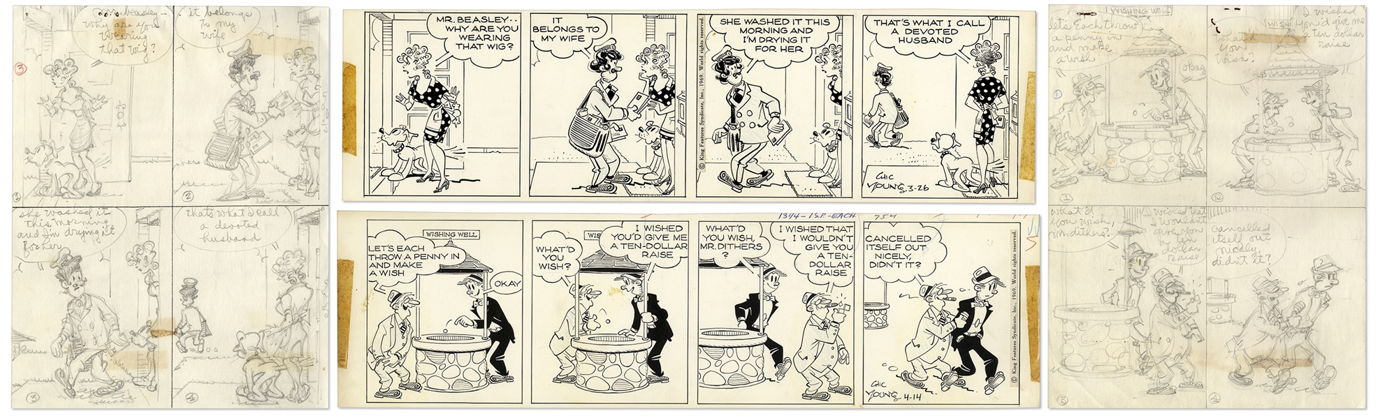 2 Chic Young Hand-Drawn ''Blondie'' Comic Strips From 1969 -- With Chic Young's Original Artwork for Both