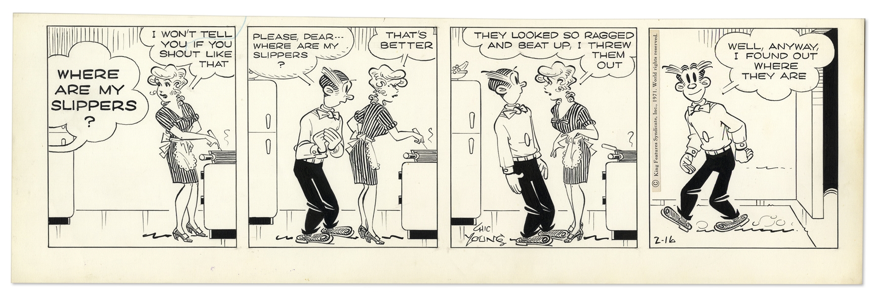 2 Chic Young Hand-Drawn ''Blondie'' Comic Strips From 1970 & 1971 -- With Chic Young's Original Artwork for Both
