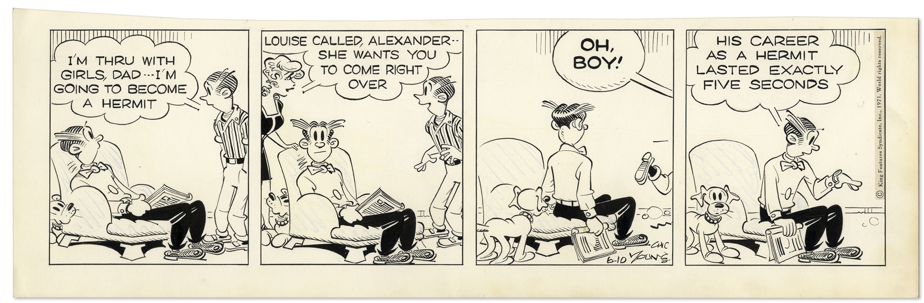 2 Chic Young Hand-Drawn ''Blondie'' Comic Strips From 1971 -- With Chic Young's Original Artwork for Both