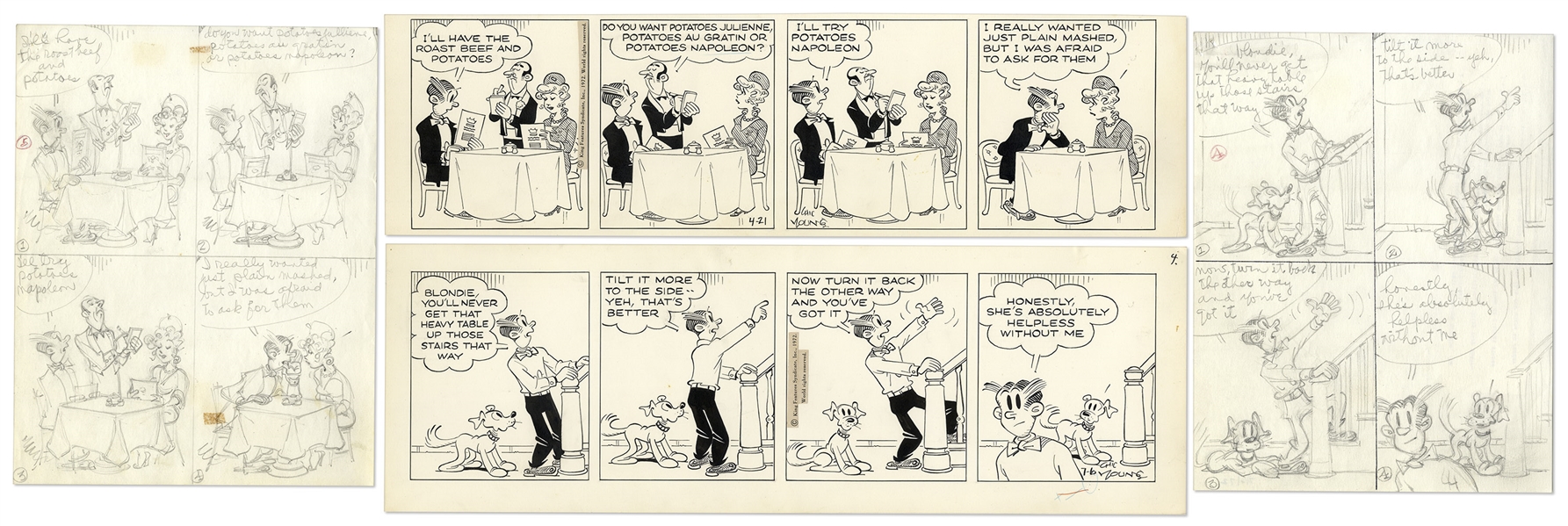 2 Chic Young Hand-Drawn ''Blondie'' Comic Strips From 1972 -- With Chic Young's Original Artwork for Both