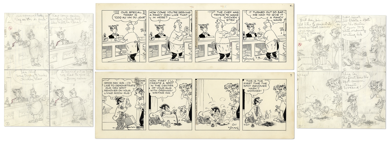 2 Chic Young Hand-Drawn ''Blondie'' Comic Strips From 1972 -- With Chic Young's Original Artwork for Both
