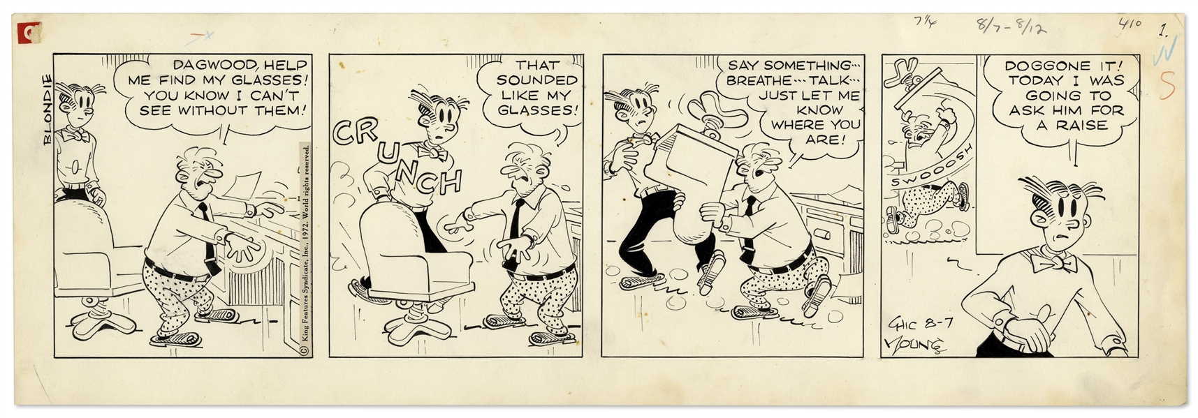 2 Chic Young Hand-Drawn ''Blondie'' Comic Strips From 1972 & 1973 -- With Chic Young's Original Artwork for One