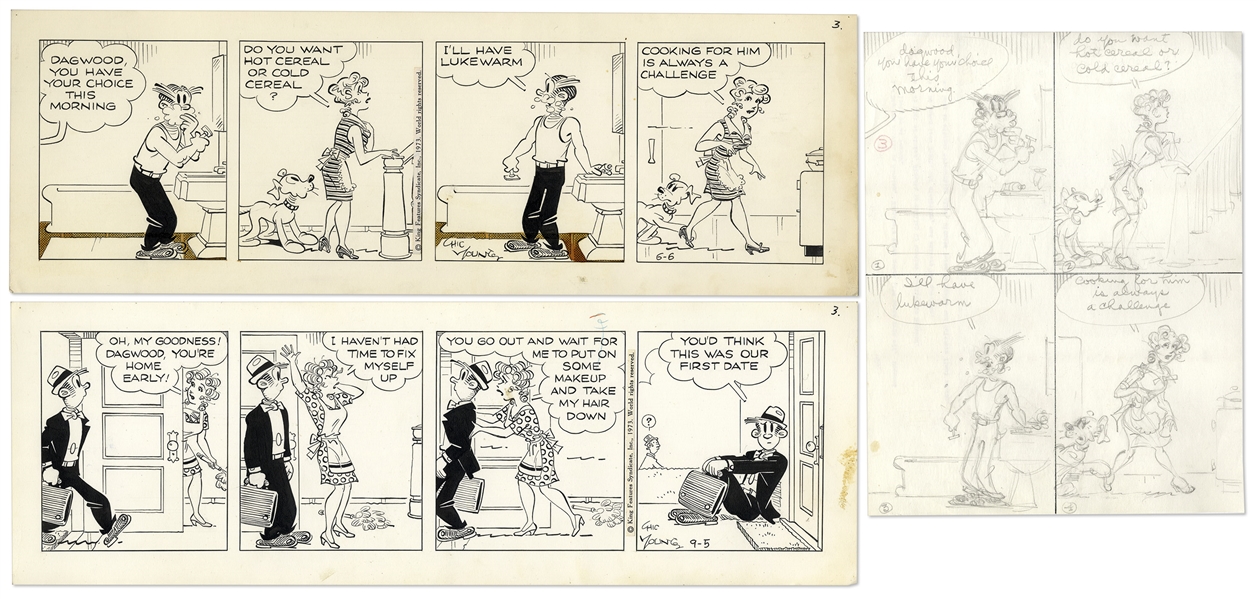 2 Chic Young Hand-Drawn ''Blondie'' Comic Strips From 1973 -- With Chic Young's Original Artwork for One