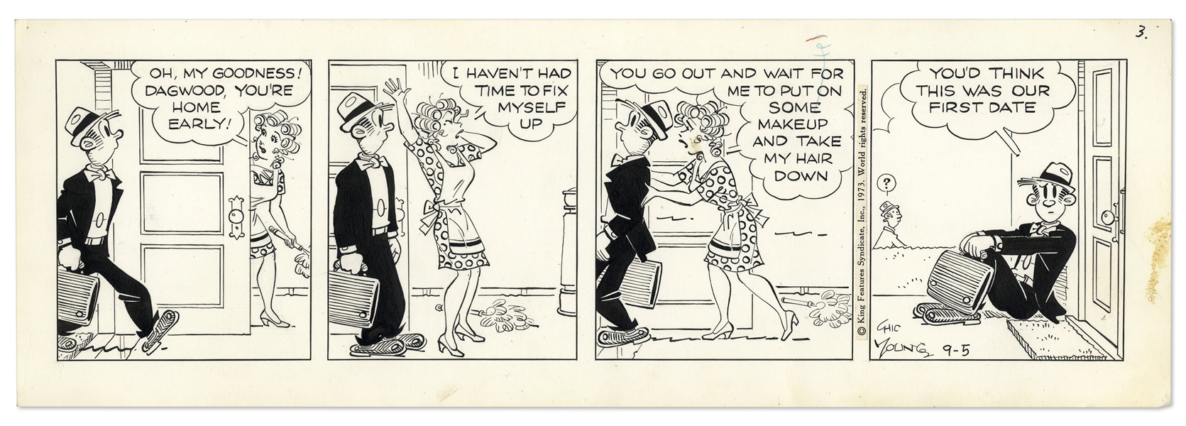 2 Chic Young Hand-Drawn ''Blondie'' Comic Strips From 1973 -- With Chic Young's Original Artwork for One