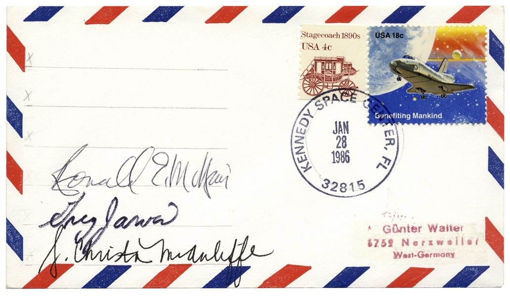 Challenger First Day Cover Signed by Christa McAuliffe, Ronald McNair and Gregory Jarvis