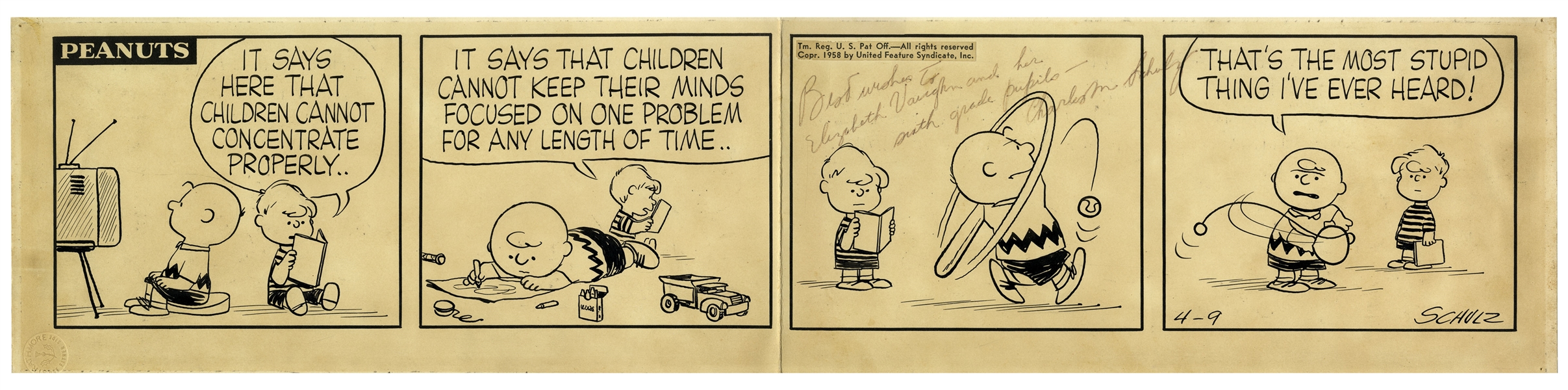 Charles Schulz Hand-Drawn ''Peanuts'' Strip From 9 April 1958 -- With Charlie Brown & Schroeder