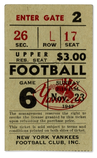 Cleveland Browns vs. NY Yankees Ticket Stub -- 23 November 1947, Yankee Stadium -- Near Fine