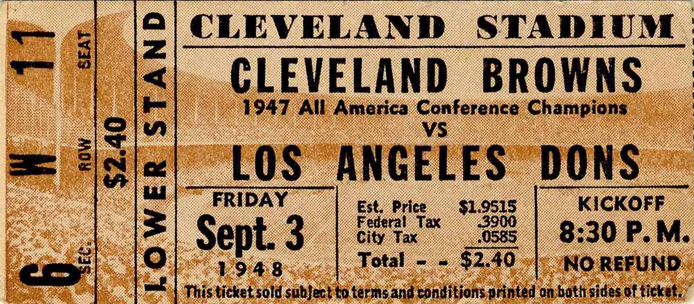 1948 Cleveland Browns vs. Los Angeles Dons Ticket Stub -- 3 September 1948, Cleveland Stadium -- Very Good