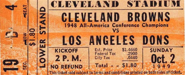 Cleveland Browns vs. L.A. Dons Full Ticket -- 2 October 1949, Cleveland -- Staple Marks, Else Near Fine