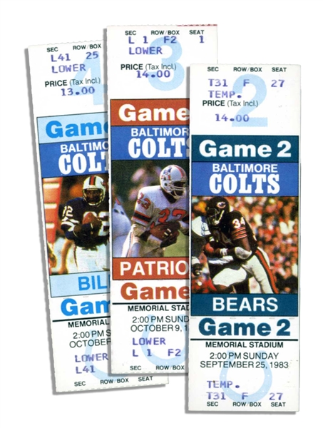 3 Unused 1983 Colts Tickets -- Colts' Last Season in Baltimore -- Games 2, 3 & 4 (Bears, Patriots, Bills) -- 1.5'' x 5'' -- Fine