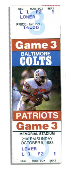 3 Unused 1983 Colts Tickets -- Colts' Last Season in Baltimore -- Games 2, 3 & 4 (Bears, Patriots, Bills) -- 1.5'' x 5'' -- Fine