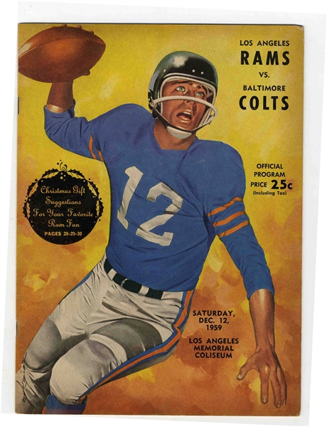 Baltimore Colts vs. Los Angeles Rams Program -- 12 December 1959 -- L.A. Coliseum -- 30pp. -- Minor Toning, Near Fine