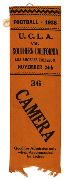 UCLA vs. USC Game Ribbon -- 24 November 1938, Los Angeles Coliseum -- Measures 2'' x 6.25'' -- Very Good