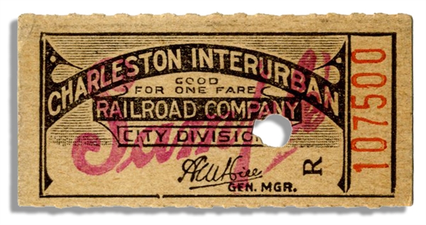 Charleston, West Virginia Interurban Electric Railroad Ticket -- Two Lines Ran From 1912 & 1916 to 1939 -- 2'' x 1'' -- Near Fine Condition