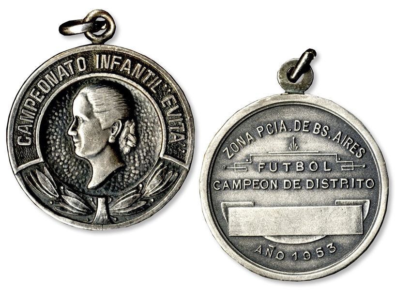 Two Eva & Juan Peron Soccer Medals for Junior League Soccer in Buenos Aires -- 1953 -- Very Good -- 1'' Diameter