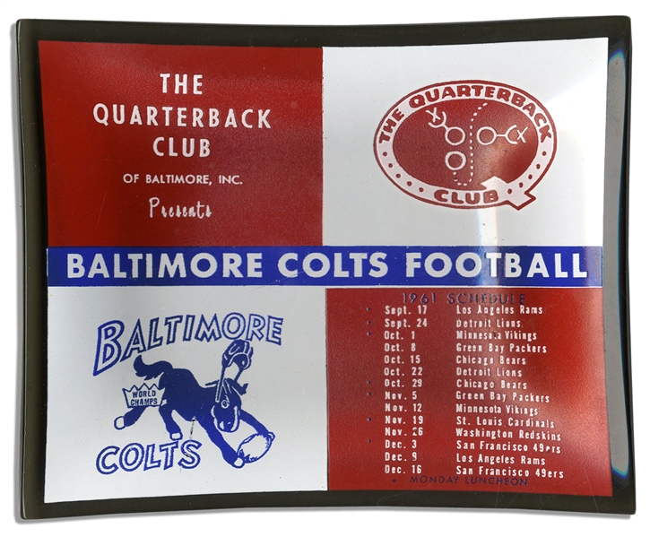 1961 Baltimore Colts Ashtray Made of Smoked Glass with Red, White & Blue Printing ''The Quarterback Club'' -- With Their 1961 Schedule Also Printed on Front of Ashtray -- Near Fine
