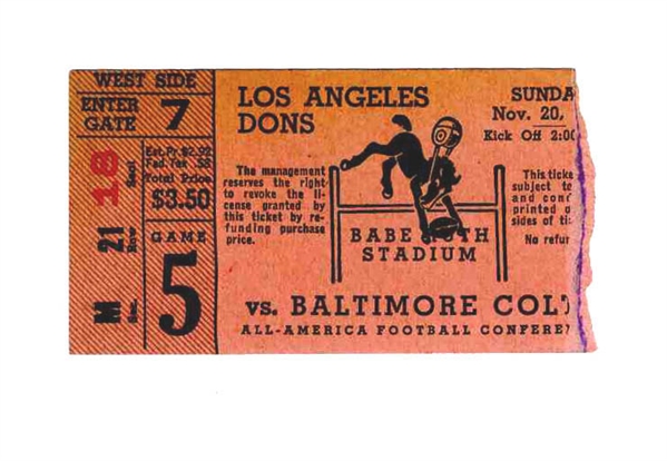 Los Angeles Dons vs. Baltimore Colts Ticket Stub -- 20 November 1949, Babe Ruth Stadium -- Very Good