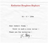 Katharine Hepburn Typed Letter Signed -- ...such a nice letter...Thank you for bothering... -- 1996