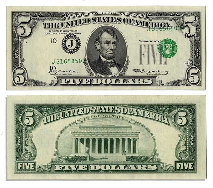 $5 Federal Reserve Error Note -- Series 1969, Kansas City -- Strong Third Print Shift