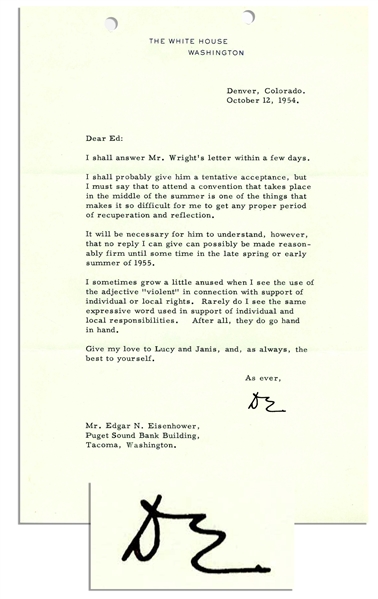 Dwight Eisenhower Typed Letter Signed as President -- ''...when I see the use of the adjective 'violent' in connection with support of individual or local rights...''