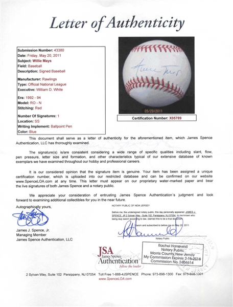 Hall of Famer Willie Mays Single Signed Baseball -- JSA COA