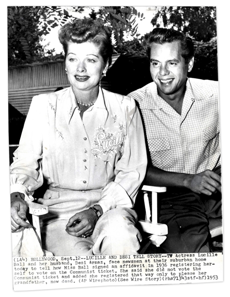 1953 AP Wire Photo of Lucy & Desi -- 6.75'' x 8.75'' Glossy -- Caption Describes Interview of Lucy Denying Communist Sympathies