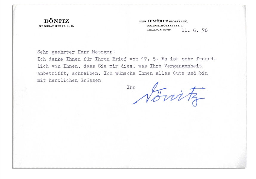 Karl Donitz Typed Letter Signed -- Hitler's Successor in Nazi Germany