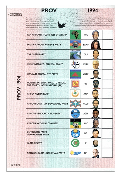 Historic 1994 South African Ballot -- The Election Brought Nelson Mandela to Presidency and Ended Apartheid -- Fine