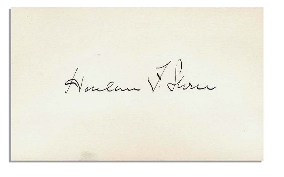 Harlan F. Stone Signature -- Chief Justice of the Supreme Court -- Signed on 5'' x 3'' Card -- Near Fine
