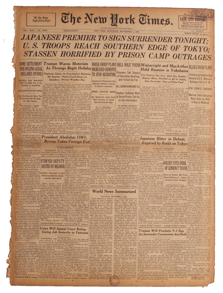 1945 ''New York Times'' Newspaper -- ''Japanese Premier To Sign Surrender Tonight''