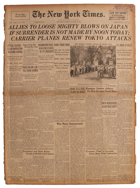 August 1945 ''New York Times'' -- ''Japanese Believed 'Stalling' On Surrender...Washington Says Next 'Message' to Japanese Will Be Bombings'' -- Other Stories on ''Jewish State in Palestine''
