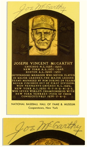Joe McCarthy Signed Postcard of His HOF Plaque -- 5.5'' x 3.5'' -- Near Fine -- With PSA/DNA COA