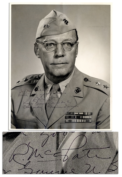 Iwo Jima Hero Randolph Pate Signed Photo -- ''To Mr. Ashley J. Cole...R. McC[all] Pate / Major General US MC Commanding 2nd Marine Division'' -- 8'' x 10'' Matte -- Very Good