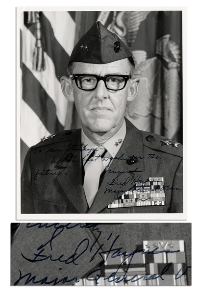 WWII Marine General Fred Haynes Signed 8'' x 10'' Glossy Photo -- of Iwo Jima Fame -- ''...Sincerely Fred Hayes / Major General US core'' -- Near Fine